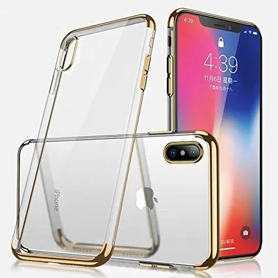IPhone Силиконов прозрачен кейс New Electro за IPhone X/XS, Златна гланцирана рамка, Прозрачен (6112)