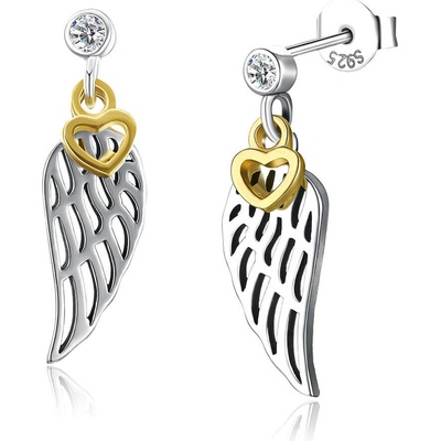 Elanis Jewel Stříbrné náušnice Angel Wings Golden Heart se zirkony EJ00716