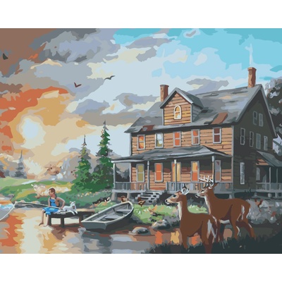 ZUTY Malování podle čísel JELEN A LAŇ U JEZÍRKA PŘED DOMEM D RUSTY RUST Rozměr 80 x 100 cm Rámování vypnuté plátno na rám