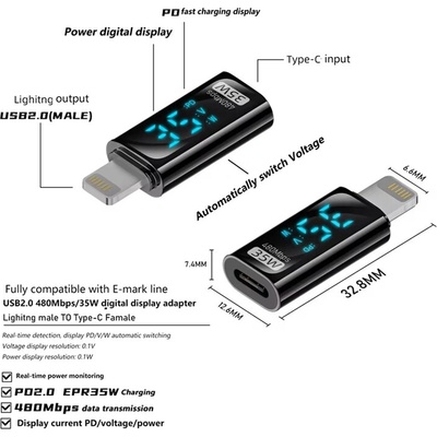 AppleMix Adaptér/reduktor Lightning samec/USB-C samica - LCD napätie/prúd - čierny