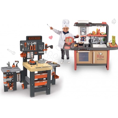Smoby Set reštaurácia s elektronickou kuchynkou Kids Restaurant a pracovný stôl trojkrídlový so skladacím autíčkom