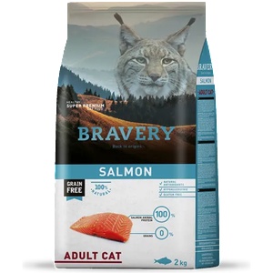 Bravery salmon cat adult, натурална, хипоалергенна храна, БЕЗ ЗЪРНО за пораснали котки от всички породи над 1 година, със сьомга, Испания - 7 кг