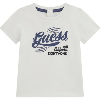 GUESS Бяла памучна тениска за бебе момче със син надпис Guess