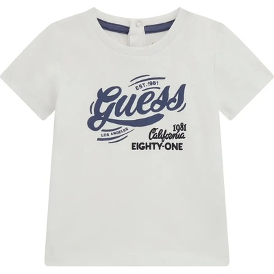 GUESS Бяла памучна тениска за бебе момче със син надпис Guess