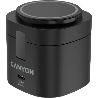 CANYON Безжична зарядна станция CANYON OnCharge 405, 4 in 1 Wireless Charging Stand, 30W max, Size: 70x70x70.3mm, weight: 414g, with 65W charger and 1M cable, black (CNS-WCS405B)