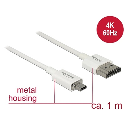 Delock Kабел Delock 85149, HDMI към micro HDMI-D TT, 3D, 4K, 1 м, Бял (85149)