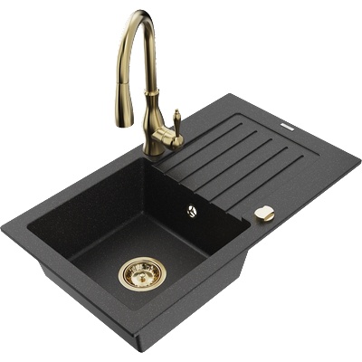 Mexen Pablo гранитна мивка с 1 отделение с отцеждач и кухненски смесител Savita, черен/сребърен металик - 6510-73-672601-50 (6510-73-672601-50)