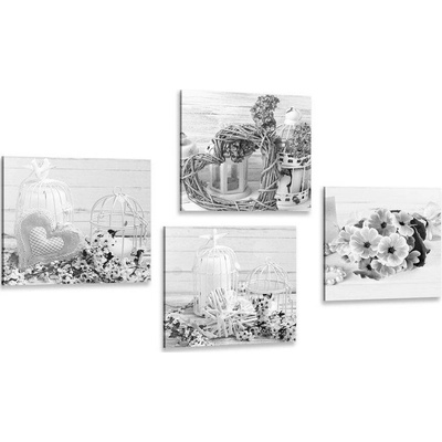 Set obrazov čiernobiele lucerničky s kyticou - 4x 40x40