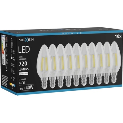 Mexen Vintis 10x LED филаментна крушка E14, C35, 6W, неутрална - 4000K, 720 lm, прозрачна (L154-E14-0640-00x10)