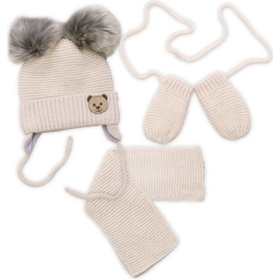 Baby Nellys Detská sada zimná čiapka so šálom rukavičky 3D Teddy Bear béžová