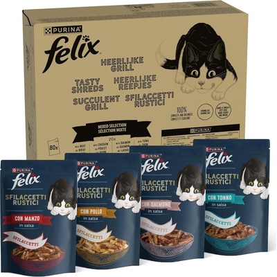 Jumbopack Felix Tasty Shreds hovězí, kuře, losos, tuňák 160 x 80 g