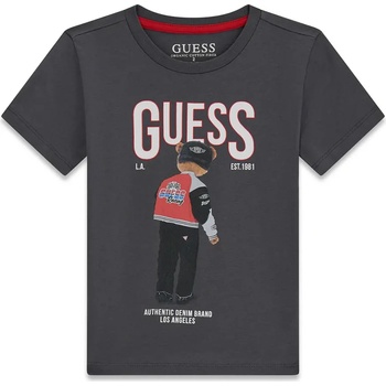 GUESS Сива тениска за мини момче с голямо цветно мече и бял надпис Guess