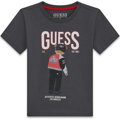 GUESS Сива тениска за мини момче с голямо цветно мече и бял надпис Guess