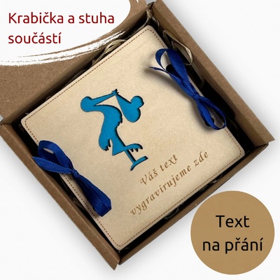 PanDatel Malé dřevěné pouzdro na peníze - NAROZENÍ DÍTĚTE - čáp - Váš text