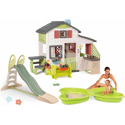 Smoby Set domček Priateľov s predzáhradkou a 230 cm šmykľavka XL Friends House Life s vodotryskom a kuchynka s pieskoviskom