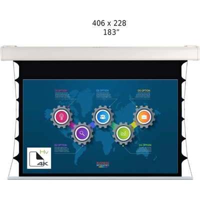 Screenline Моторизиран прожекционен екран за стена/таван Screenline MOT TENSIONED Home Vision, 406x228 (183"), 16: 9, бял, стенен превключвател (SL-MT406DHV)
