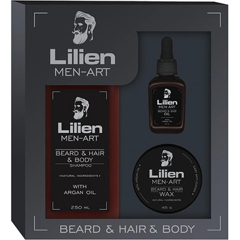 Lilien Men-Art Beard & Hair & Body Black univerzální šampon 250 ml + vyživující olej 50 ml + stylingový vosk na vlasy a vousy 45 g dárková sada
