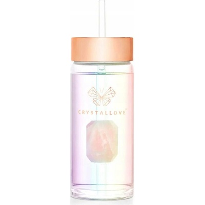 CRYSTALLOVE Skleněná lahvička na vodu s růženínem a brčkem 400ml - holo