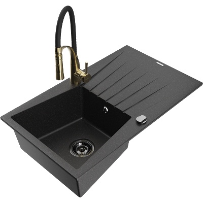 Mexen Cesar гранитна мивка 1-комплектна с отцедник и кухненски смесител Aster, черен/сребърен металик - 6514-73-73450-57-B (6514-73-73450-57-B)
