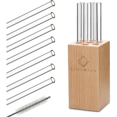 Klarstein Glaswerk Frezzeria, стъклени сламки, 7 броя, 0, 8 х 15 см (Ø х В), дървен държач, четка (-) (-)