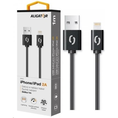 Aligator datový a nabíjecí kabel, konektor Lightning, 2A, 1m, černá