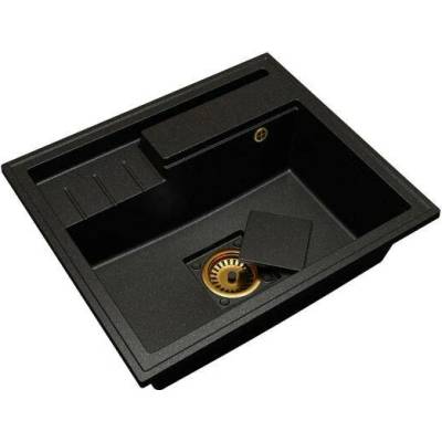 DobreSny Granitový dřez ELITE 6052 ČERNÝ S TEXTUROU ŽULY + zlatý sifon 60 x 52 x 21,5cm