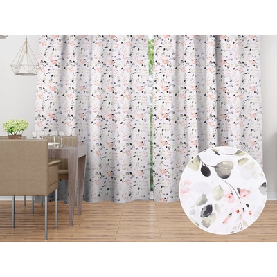 Biante Bavlněný závěs Sandra SA-288 Eukalyptus s růžovými květy na bílém 150x140 cm