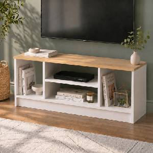 TopMebel Bahama TopMebel телевизионен шкаф от меламин в бял и сапфирен дъб цвят 120x35x46.5cm