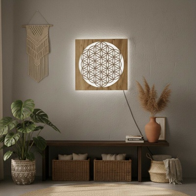 Podsvietený drevený obraz Kvet života – LED mandala dekorácia na stenu | MONEN 4700 LED0198