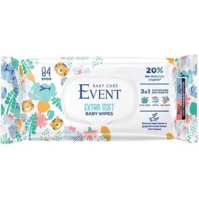 Event Бебешки мокри кърпи 3 в 1 Event - Extra Soft, с алое, лайка и маслина, 84 броя (2EVBE04202ESWAT84A)