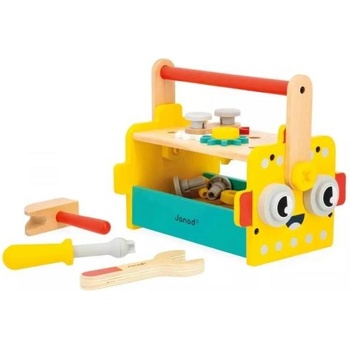 Janod BricoKids Drevené náradie a stavebnica v prenosnom boxe Robot 30 ks