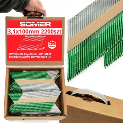 Klince spájané papierom 34° prstencové pozinkované 100 mm 3,1 mm, 2200