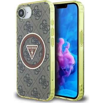 GUESS IML Metal Glitter 4G Circle Triangle MagSafe калъф за iPhone 16e - кафяв
