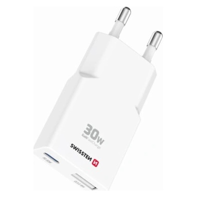 Swissten tenký síťový adaptér GaN USB-C + USB-A 30w bílý