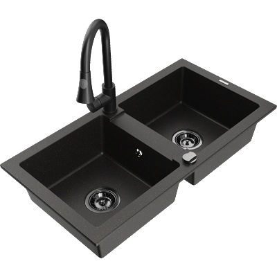 Mexen Mario гранитна мивка с две камери с кухненски смесител Elia, (6504-75-670101-70-B)