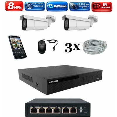 Amiko IP 2 kamerový set so switchom Varifokal 4K Ultra HD 8Mpix Tube 1805K2V2