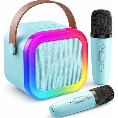 Karaoke reproduktor 2 mikrofony Bluetooth USB karta Modrý LED světla