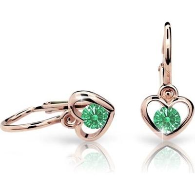 Danfil dětská srdíčka C1943 z růžového zlata s kamínkem Emerald Green zapínání brizura