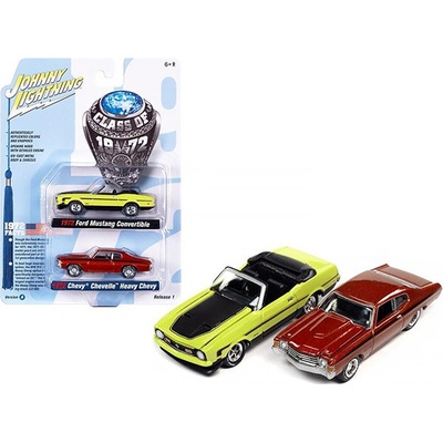 Johnny Lightning Ford Mustang Convertible žlutý + Chevy Chevelle červený 1:64