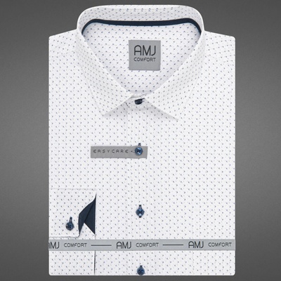 AMJ pánská bavlněná košile dlouhý rukáv slim fit VDSBR1399 bílá s tmavě modrými trojúhelníčky