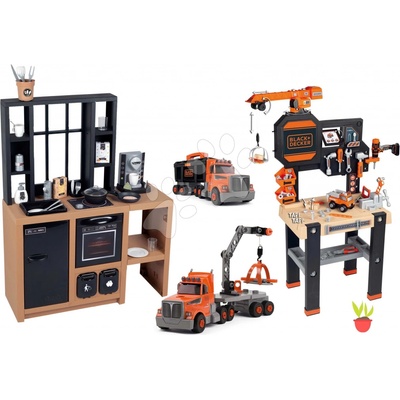 Smoby Set kuchynka moderná Loft Industrial a pracovný stôl so žeriavom a kamión s pracovným kufríkom