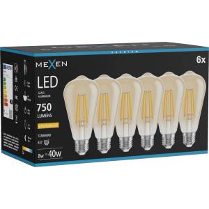 Mexen Vintis 6x Крушка с нажежаема жичка LED E27, ST64, 8W, Топла - 2200K, 750 lm, кехлибар (L152-E27-0822-50x06)