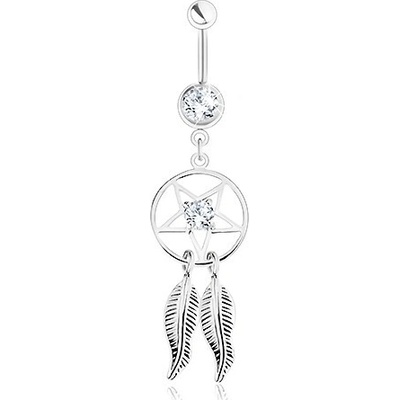 Šperky eshop ocelový piercing do bříška lapač snů pentagram pírka čiré zirkony SP31.07