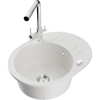 Mexen Kevin гранитна мивка с 1 камера, отцедник и кухненски смесител Duero, бял - 6517-20-671600-00 (6517-20-671600-00)