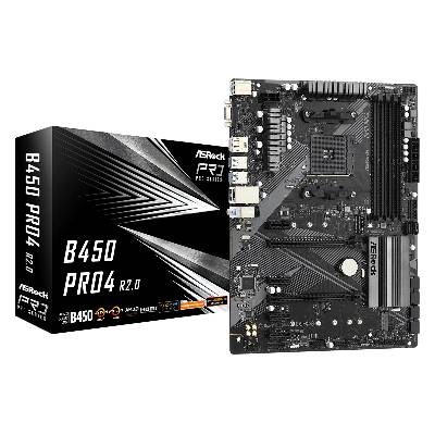 Дънна платка ASROCK B450 Pro4 R2.0 AM4 DDR4 4xDIMM 6xSATA3 RAID HDMI DP VGA 2xM. 2 GLAN 2xPCIe x16 4xPCIe x1 ATX (B450 PRO4 R2.0)