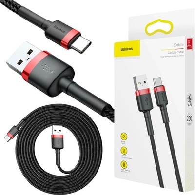 Baseus CATKLF-C91 Cafule, odolný nylonový USB / USB-C QC3.0 2A, 2m, černo-červený