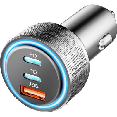 Techsuit - Премиум зарядно за кола DriveBoost (C6) - Бързо зареждане, LED светлина, USB, 2x Type-C 60W, 5V/3A, Алуминиева сплав - Сребристо