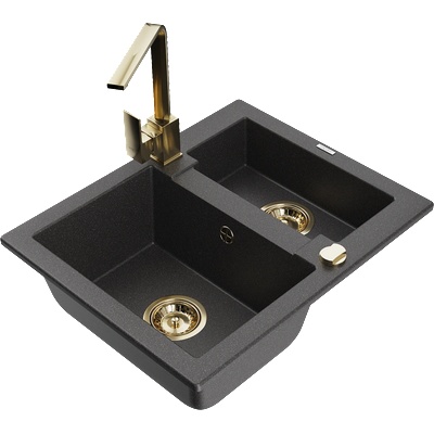 Mexen Carlos гранитна мивка с 1, 5 камери с кухненски смесител Rita, черен на пръски - 6518-76-670300-50 (6518-76-670300-50)