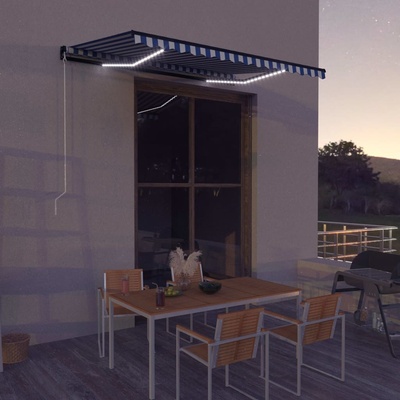 vidaXL Ručně zatahovací markýza s LED světlem 350 x 250 cm modrobílá