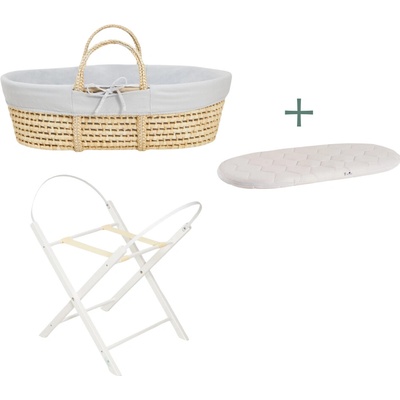 Ahojbaby sada Mojžíšův košík pro miminko Corn Natural se skládacím stojanem White, šedým potahem